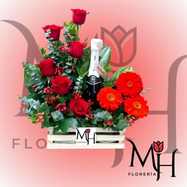 Guacal de madera 6 rosas 3 gerberas 1 botella de espumante