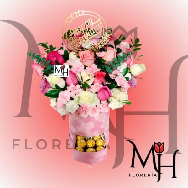 Caja bombonera con hermosas flores 15 rosas 6 bombones y topper