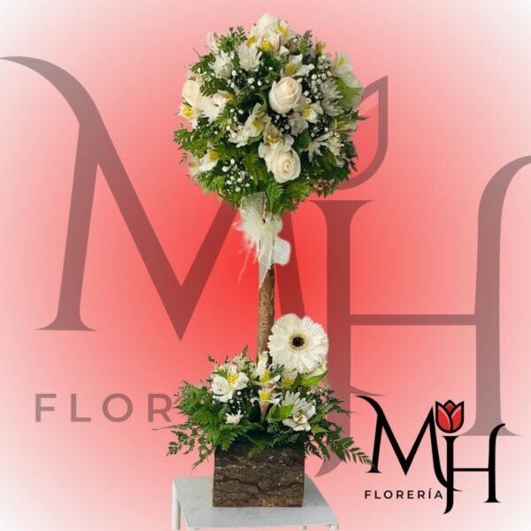 Árbol con 6 rosas, 1 gerbera y follaje